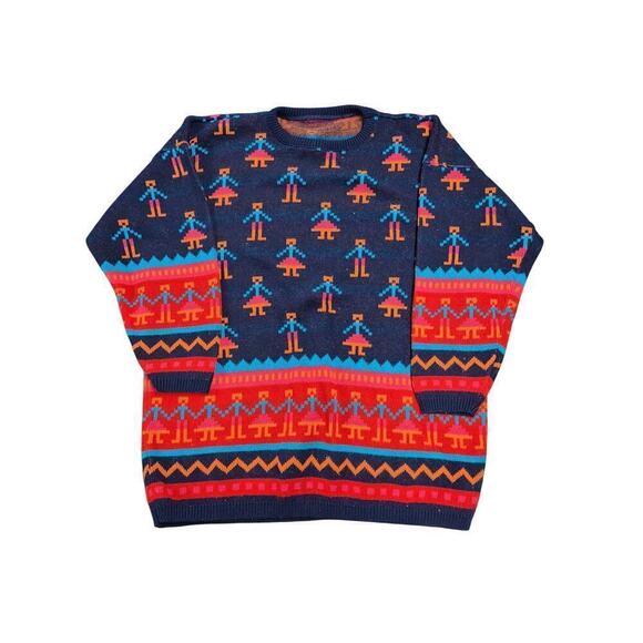 VTG Y2K Pixelated People Stick Figure Sweater 90s Blue Red Ugly XL Unisex - Picture 4 of 6